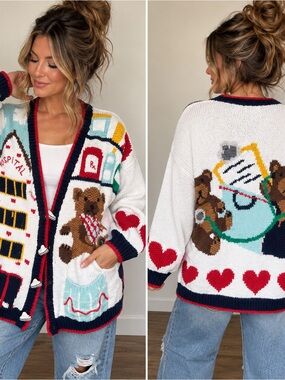 Vintage BellePointe Hospital Nurse Doctor Medical Cardigan Sweater XL 3D Novelty